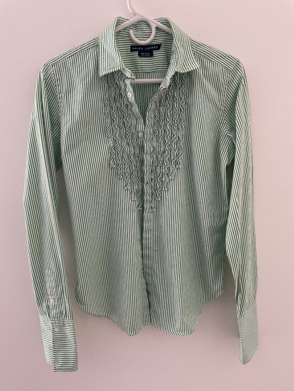 Ralph Lauren Women's blouse 10,collared, ruffle front, green/white stripe
